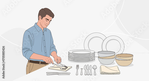 Dapper Gentleman Preparing Dinnerware for a Formal Dining Experience with Refined Elegance