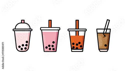 set of flat vector icons for boba tea, white background, pink and orange color scheme, simple shapes, bold lines, and minimal details 