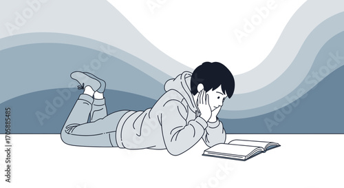 Young Person Lying down Reading a Book in a Modern Style Illustration