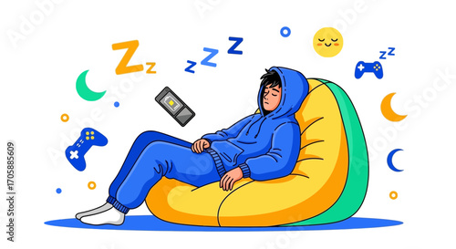 Young Person Relaxing In Beanbag After Gaming, Daydreaming, And Taking A Nap