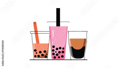 set of flat vector icons for boba tea, white background, pink and orange color scheme, simple shapes, bold lines, and minimal details 