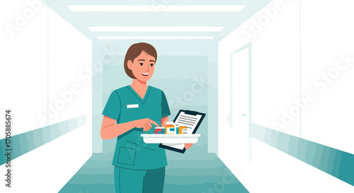 Dedicated Nurse Bringing Medications Through Bright Hospital Corridor Delivering Service Effectively