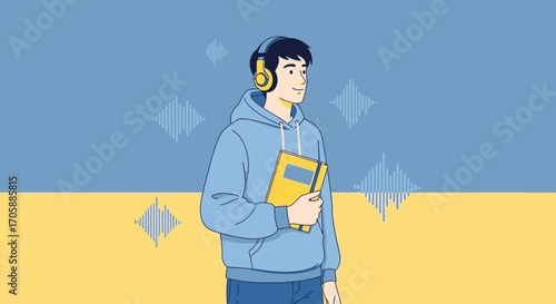Young Person With Headphones And Book Enjoying Music In Illustrative, Vector Style