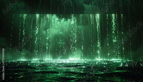 Glowing green rain, water surface