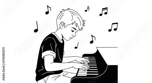 Young Pianist Creates Melodic Music With Piano, Musical Notes Floating Around Him