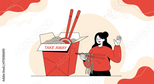Delicious Takeout Noodles Illustration, A Modern Depiction of Asian Cuisine Takeaway, with Style