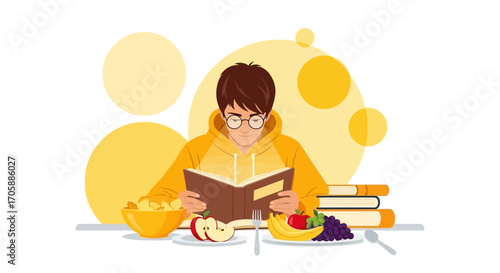 Young Reader Engrossed In Book With Fruits And Snacks Isolated Vector Illustration