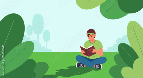 Young Reader Meditating in Nature, Enjoying Leisure Time, Reading a Book in Green Paradise