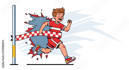 Young Runner Celebrates Victory Breaking Through Finish Line Tape Achieving Success