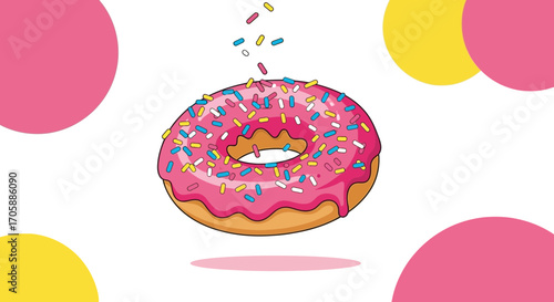 Deliciously Decorated Donut With Pink Frosting And Colorful Sprinkles On A Clean White Background
