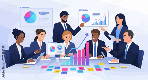 Diverse cartoon business team collaborating on data analytics and corporate strategy presentation