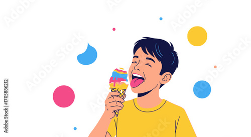 Delighted Boy Enjoying Rainbow Ice Cream Cone, Capturing pure Bliss and Sweet Moments