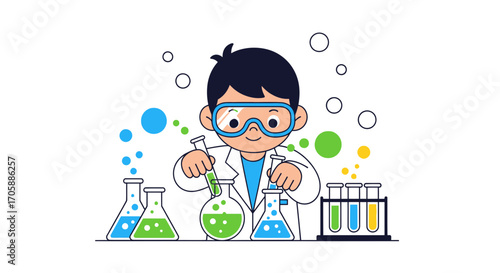 Young Scientist Doing Chemistry Experiments With Beakers And Colorful Liquids Illustration