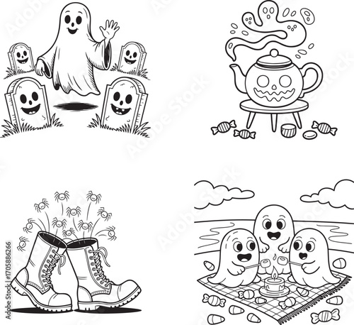 Four cartoon halloween scenes with cute ghosts playing games and spooky decorations