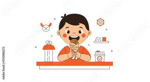 Delighted Child Eating Delicious Wrap in Adorable Style Illustration