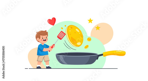Delighted Child Flipping Pancake in Pan, Joyful Cooking Illustration on White Background