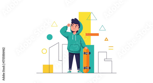 Young Skateboarder Posing Beside Skateboarding Equipment and Colorful Graphical Elements
