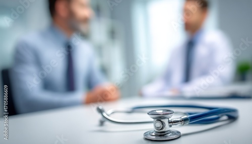 A blurry medical consultation scene with a stethoscope on a white desk. A man is talking to a doctor wearing a white coat in soft lighting