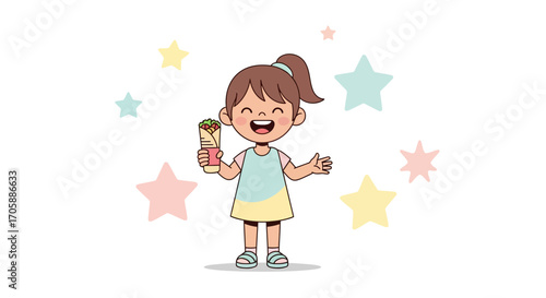Delighted Girl Holding a Tasty Wrap Surrounded by Whimsical, Colorful, and Playful Stars
