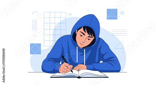 Young Student Concentrating While Writing On Notebook, Isolated on White Background Study Scene