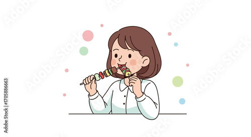 Delighted Person Eating Skewered Food Enjoying Culinary Delight and Colorful Presentation