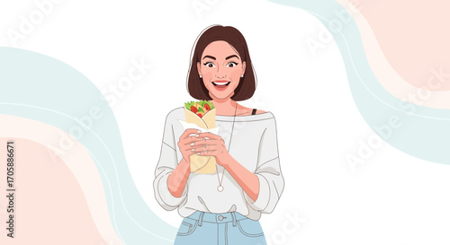 Delighted Lady Holding A Wraps with Open Mouth while Looking Forward to Enjoying It