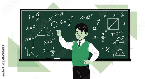 Young Student Demonstrating Math Equations on a Blackboard with Geometric Shapes