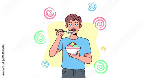 Delighted Individual Enjoying Multicolored Dessert In A Cheerful, Animated Illustration