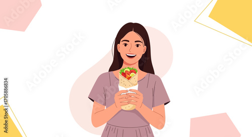 Delighted Woman Holding and Showing A Delicious Food Wrap Ready To Eat Joyfully
