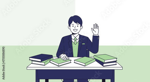 Young Student Raising Hand In Classroom, Asking Question Or Seeking Assistance