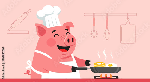 Delightful Pig Chef Cooking Perfect Eggs in a Kitchen Cartoon Illustration