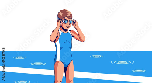 Young Swimmer Preparing To Enter The Pool Wearing Swim Goggles Ready To Compete.