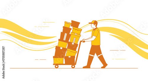Delivery Man Stacking Boxes On A Cart, Transporting Goods And Packages, Moving Parcels In Digital