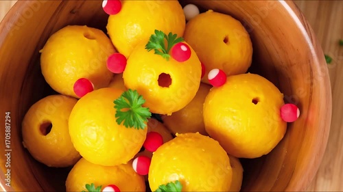 Playful Yellow Steamed Buns Adorned with Candy Decorations and Fresh Parsley, Served in a Rustic Wooden Bowl