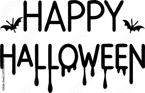 A lively and cheerful Halloween text graphic featuring bold 'Happy Halloween' lettering. This design incorporates a distinct silhouette element, adding a classic touch to the festive theme.