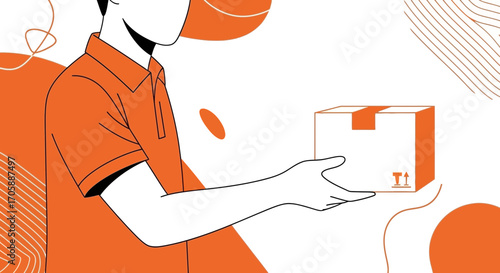 Delivery Service Illustration: A Courier Presenting a Package with Modern Abstract Elements