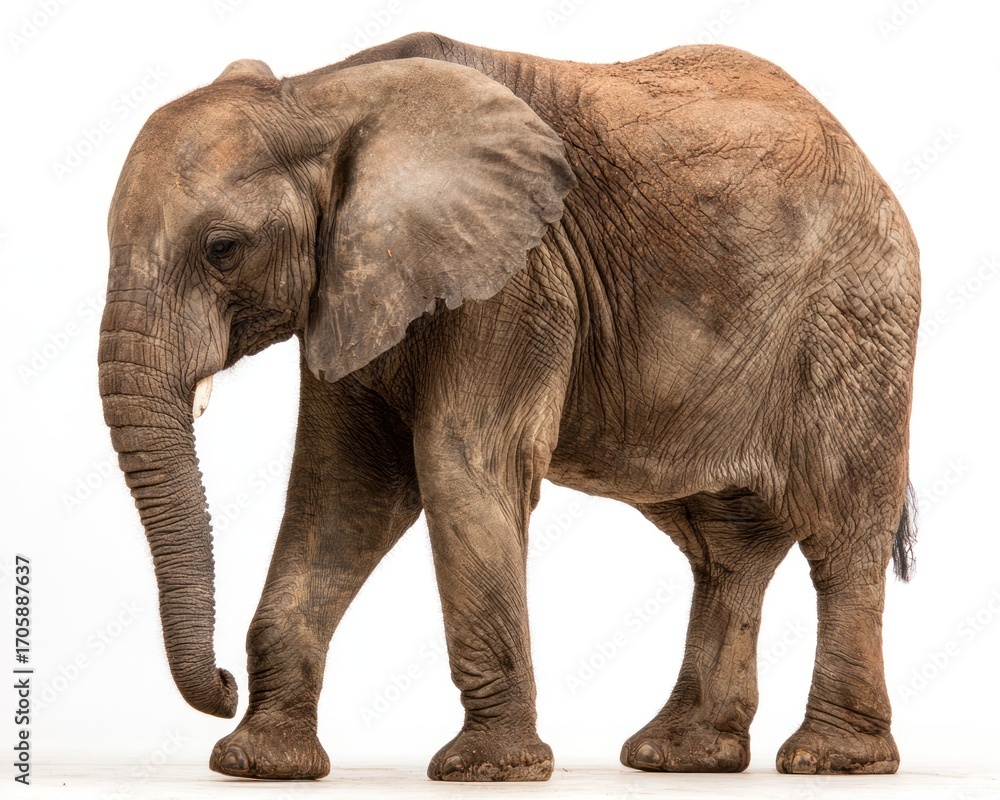 Fototapeta premium An isolated elephant strides left, showcasing its wrinkled skin, downward-pointing tusks, and floppy ears against a clean white backdrop