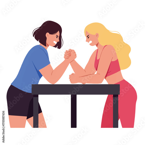 Vintage-style illustration of two women arm wrestling at a table with a bold and competitive mood.
