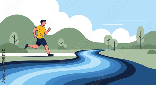 Depiction Of A Runner In Nature On A Sunny Day With Abstract Landscape Surrounding