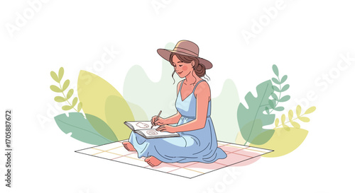 Young Woman Illustrating Outdoors in Peaceful Setting With Natural Elements