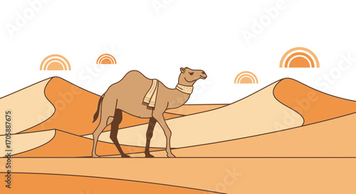Desert Camel Amidst Orange Dunes Under Arched Sunsets In A Simple, Minimal Illustration
