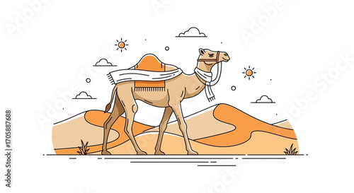 Desert Camel Amidst The Dunes, Illustration Depicting Arid Landscape And Nomadic Travel