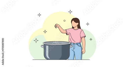 Young Woman Is Adding Ingredients Into Pot While Cooking In The Kitchen