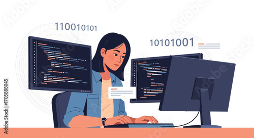 Developer Working On Software Code On Modern Computer Displays With Binary Code Visuals