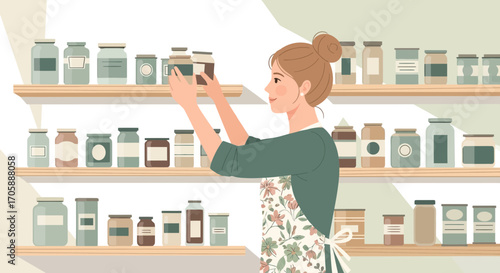 Young Woman Organizing Shelves Of Pantry Jars And Cans For Kitchen Organization Activities
