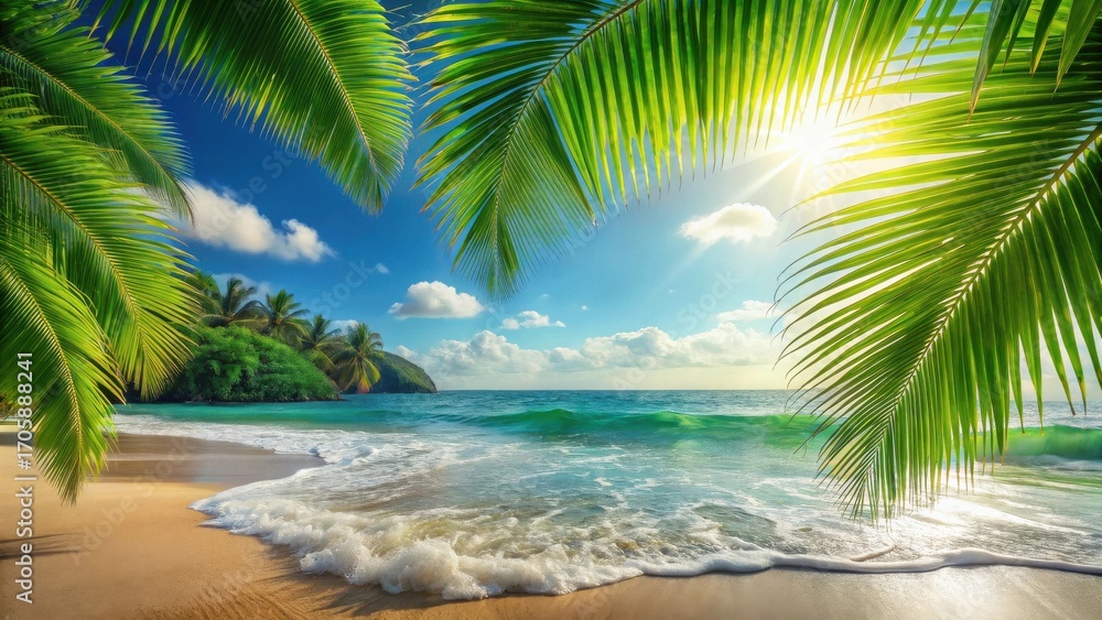Obraz premium Serene Tropical Beach Scene Sunlit Shores, Palm Fronds Framing Azure Waters and Golden Sands