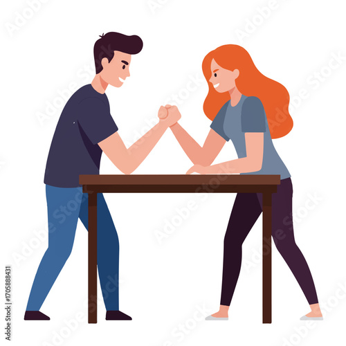 Vintage-style illustration of a man and woman engaged in a fierce arm-wrestling match over a brown table on a white background.