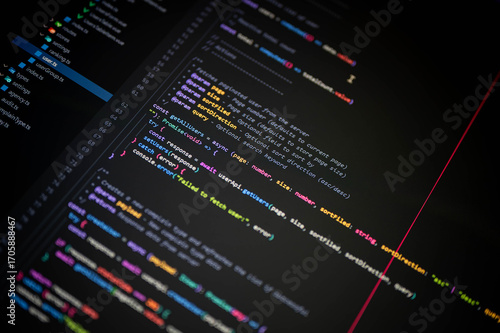 Bild auf Leinwand Close-up of TypeScript source code using async functions and API calls to fetch paginated data on a dark IDE