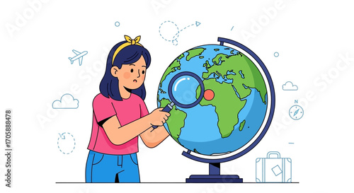 Discovering New Destinations: A Curious Traveler Inspecting Globe Using Magnifying Glass