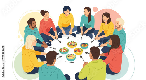 Diverse Group Enjoying Meal Together, Illustration Showcasing Community and Fellowship